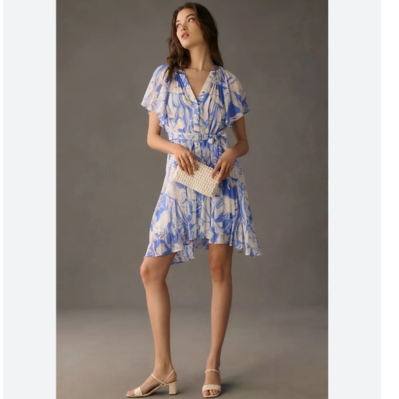 Brand New BY ANTHROPOLOGIE V-NECK RUFFLE-SLEEVE PLEATED DRESS - Picture 1 of 10
